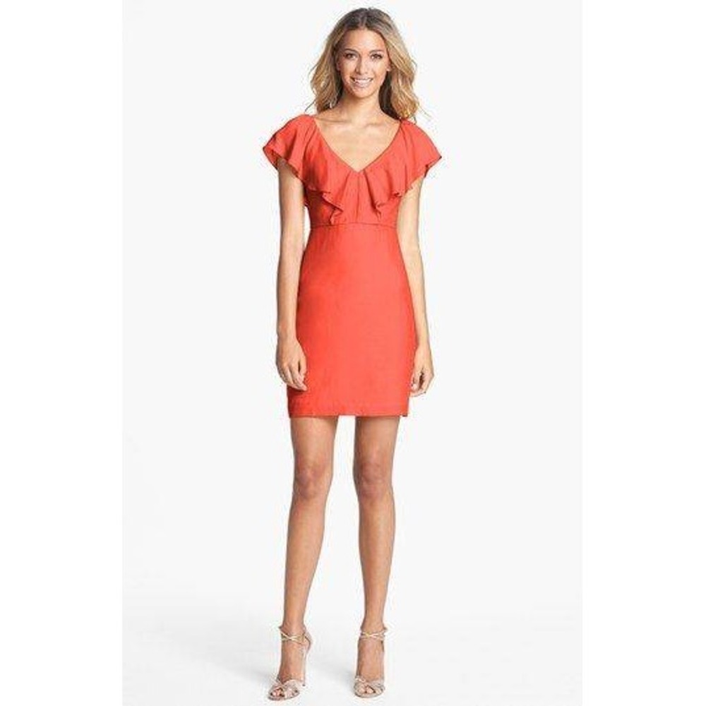 Jenny Yoo Gabby Red Silk Blend Ruffle V-Neck Mini Dress Size 4 Made in USA